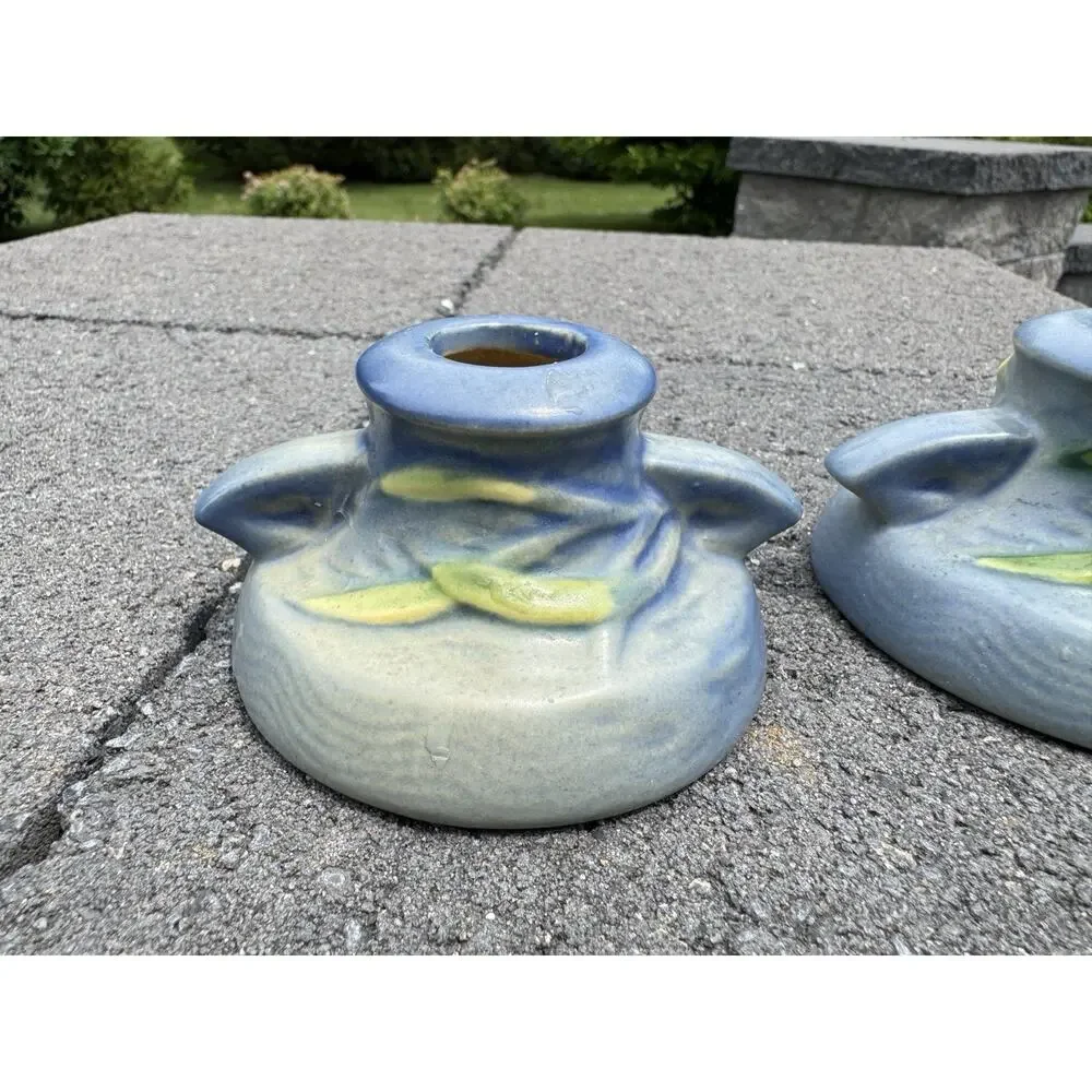 Roseville Freesia Blue Pottery Candle Holder Pair 1160-2 Candlestick Pair